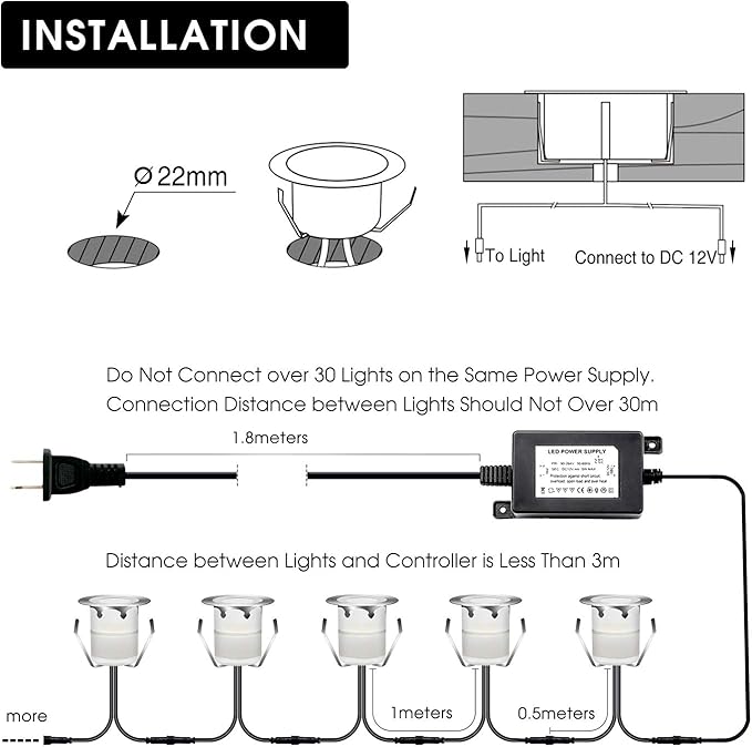 Low Voltage LED Recessed Deck Lighting Kit,Stainless Steel Waterproof Recessed Wood Decking Stairs Garden Yard Patio Decor Lamp Outdoor Warm White LED Lighting, Pack of 10