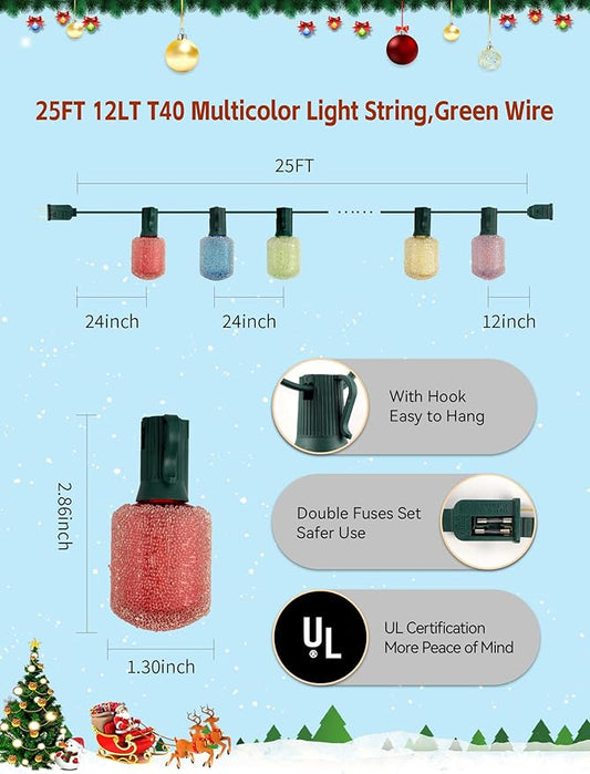 UL Certified 12 Light T40 LED Multicolor Sugar String Light - 25FT Connectable Outdoor Waterproof Party Lights for Patio, Backyard, Holiday