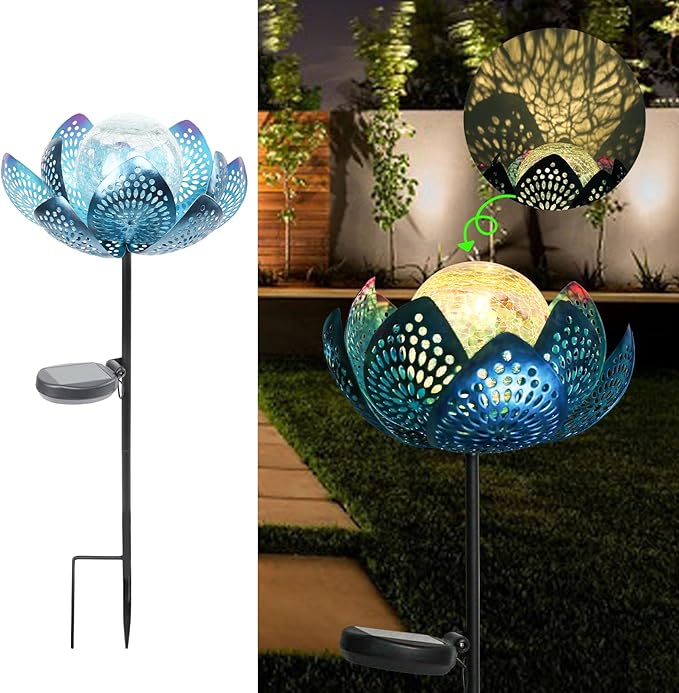 Bshine Lotus Solar Light Outdoor, Waterproof Crack Glass Globes LED Lotus Flower Metal Stake Valentine's Day Outdoor Decor Yard, Courtyard, Path, Art Lawn Ornaments, Gift for Mom Housewarming, Blue