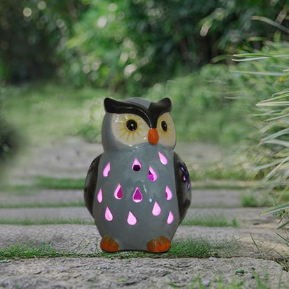 ASTRAEUS Porcelain Owl Solar Landscape Lights Figurine, Color Changing LED - Lawn Decor Owl Statues for Patio, Lawn, Balcony, Yard - Mothers Day Housewarming Gifts Grey Blue
