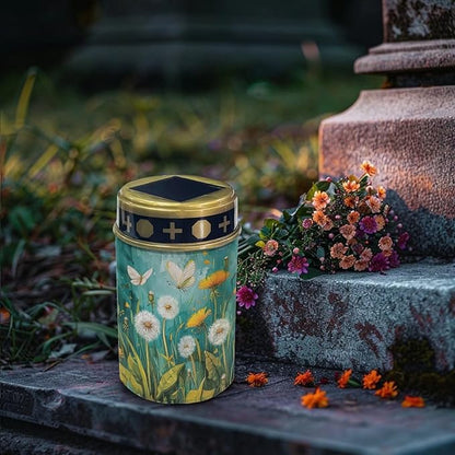 White Dandelion Cemetery Lights for Grave Solar Waterproof Led Solar Lights for Outside Solar Cemetery Grave Cemetery Candle Holder for Grave Cemetery Light Blessed Candles