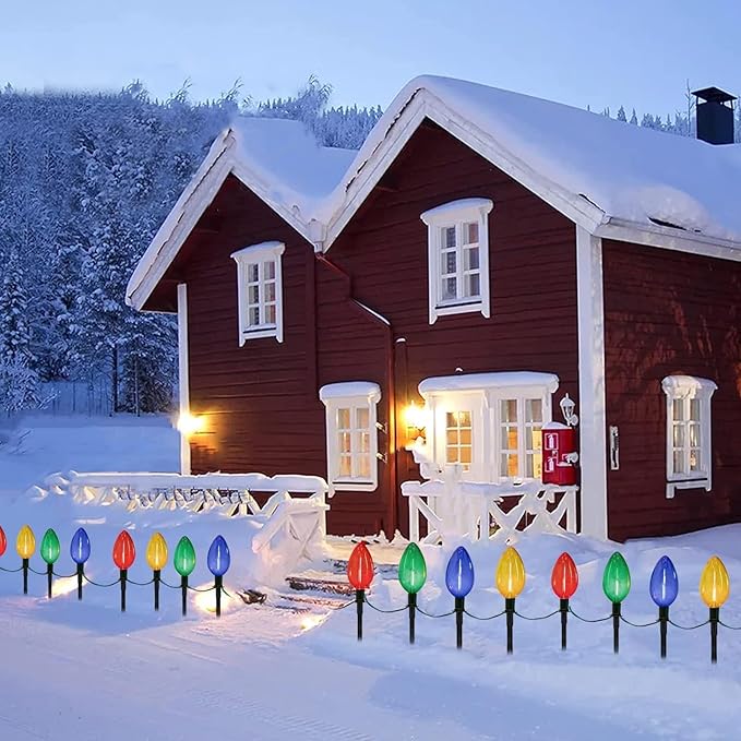 C9 Christmas Multicolor Pathway Lights, 7Ft Outdoor Christmas Pathway Markers Lights with 4 Jumbo C9 LED Multicolor Bulbs, Connectable Walkway Lights for Driveway Yard Garden