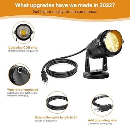 LemonBest Landscape Lights - 5W 110V Outdoor Spotlight - Waterproof IP65-3000K Warm White LED Landscape Lights - 5ft Cable for Yard Garden Patio Driveway House (Include Spike) (4 Pack)