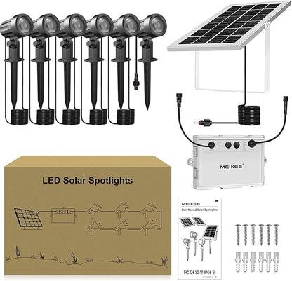 MEIKEE 6 in 1 Solar Spotlights Outdoor, 6W/6V Solar Powered Landscape Lights IP66 Waterproof Auto On/Off Landscape Spotlights with 3 Colors 56ft Cord for Garden Path Yard Patio Light