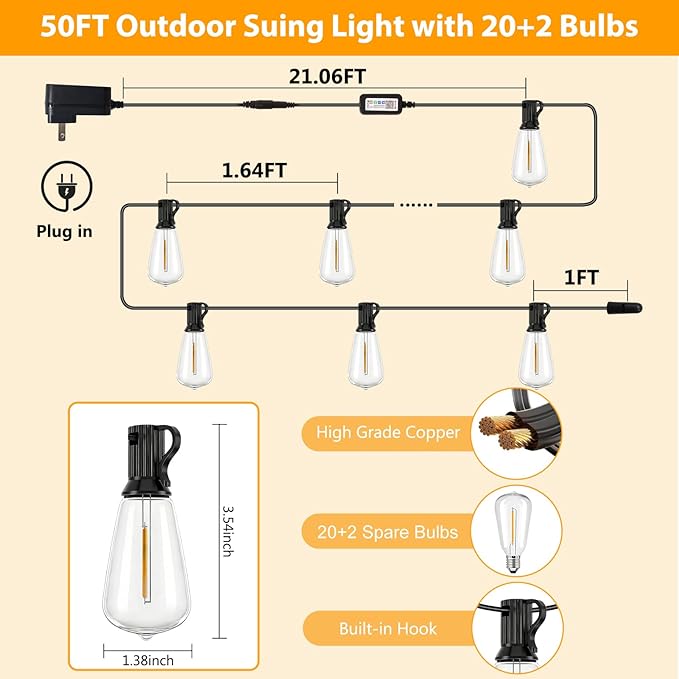 Smart Outdoor String Lights, 50FT ST38 LED Patio Lights with Timer Remote APP Control, 22 Shatterproof LED Bulbs (2 Spare), Dimmable Waterproof Hanging Light for Backyard Porch Party Decor