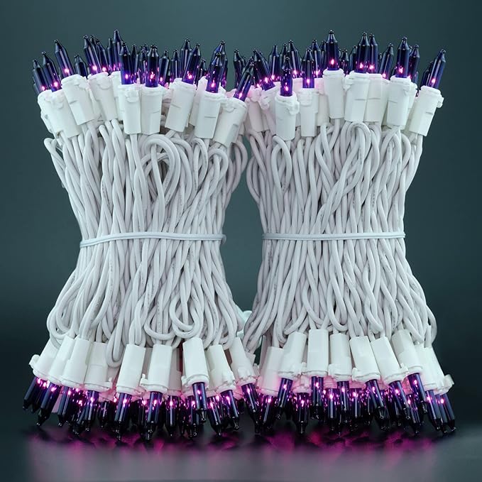 YULETIME 200 Purple Christmas Lights, Pack of 2 Sets 33 Feet 100 Count UL Certified Incandescent String Lights (Purple - White Wire)