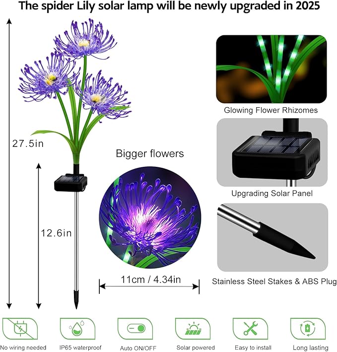 Solar Garden Flower Lights Outdoor, 6 Pack Purple Spider Lily Solar Lights with Glowing Stems, IP65 Waterproof LED Yard Decor for Patio Lawn Pathway, Mother's Day Gifts for Women Mom Grandma