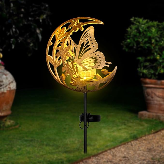 Butterfly Solar Lights Moon Garden Decor, Butterfly Gift for Women, Cracked Glass Ball Solar Lights, Unique Gift Ideas for Gardening Mom Grandma, Outdoor Decorations Patio Yard Lawn Backyard Decor