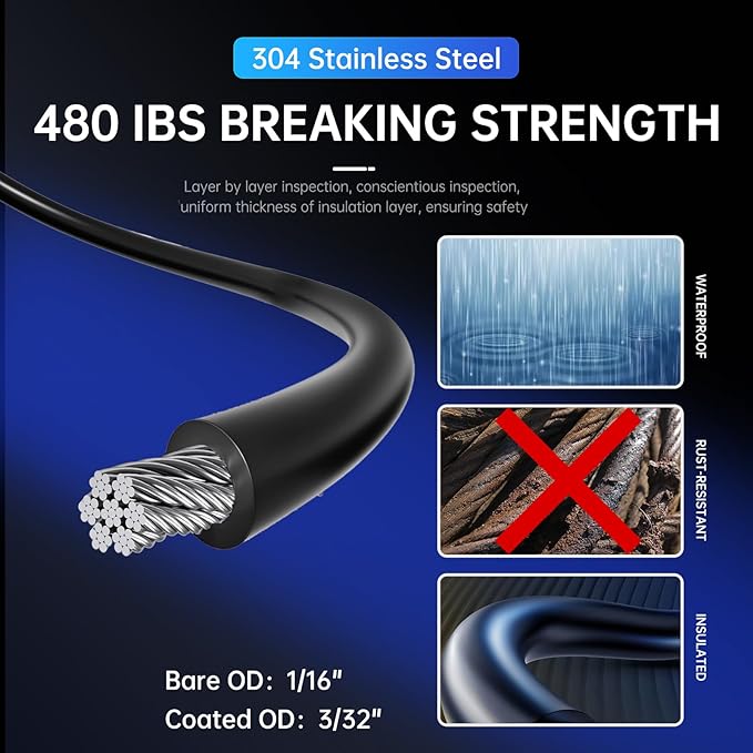 164FT Black Vinyl-Coated 304 Stainless Steel Cable – Heavy Duty String Lights Hanging Kit with Turnbuckle, Thimble | Lumora