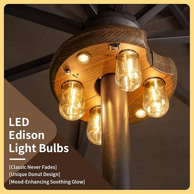 Dark Wood Grain Patio Umbrella Light with Remote Control, Rechargeable Cordless LED Edison Bulbs Pole Light with 10 Brightness Levels for Garden, Patio, Backyard, Camping or BBQ (1 Pack)