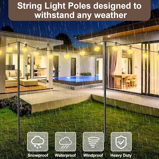 4 Pack String Light Poles for Outdoor,Metal Light Hanging Pole Outside with Fork,Light Stand for Patio, Pergola | Lumora