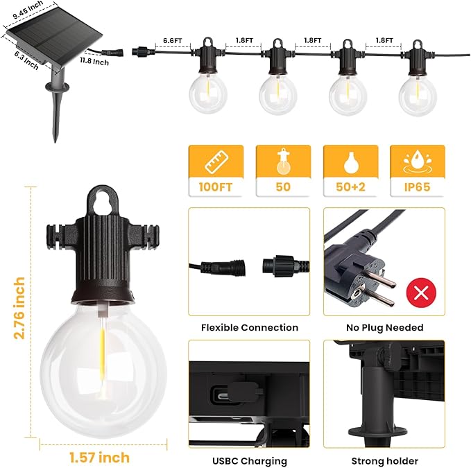 ZOTOYI 100FT Solar String Lights Outdoor Waterproof IP65 with USB Port, G40 Led Solar Patio Globe Lights with 52 | Lumora