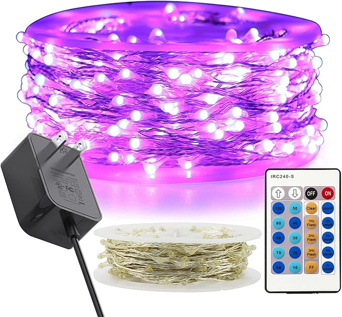 RUICHEN Dimmable Purple Fairy Lights Plug in, Waterproof Silver Wire 99 Ft 300 LED Starry String Lights with Remote for Christmas Halloween Party Bedroom Patio Garden