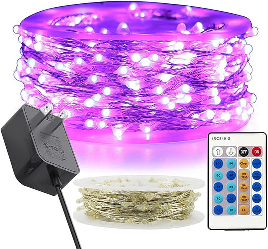 RUICHEN Dimmable Purple Fairy Lights Plug in, Waterproof Silver Wire 99 Ft 300 LED Starry String Lights with Remote for Christmas Halloween Party Bedroom Patio Garden