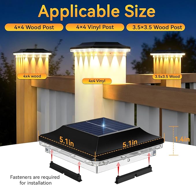 4x4 Solar Post Cap Lights Outdoor, Black Deck Post Light Solar Powered for 3.5x3.5 Vinyl/Wooden Post, Waterproof 3 Modes(Warm/Cool Light) Solar Fence Light for Garden, Patio, Porch 12pack