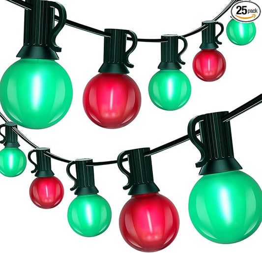 50Ft G40 Frosted Red and Green Christmas Lights, G40 Globe Patio String Light with 27 LED Bulbs(2 Spare), Hanging Christmas Tree Lights for Indoor Outdoor Holiday Party Backyard Christmas Decoration