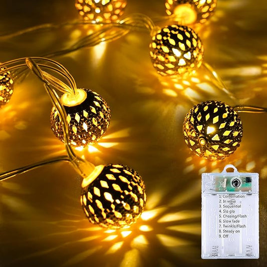 LORRYTE Moroccan Christmas String Lights Outdoor Battery Operated, 60 LED 36 FT Globe Fairy Lights with 8 Lighting Modes, String Lights for Bedroom Party Wedding Garden Christmas Decor (Warm White)