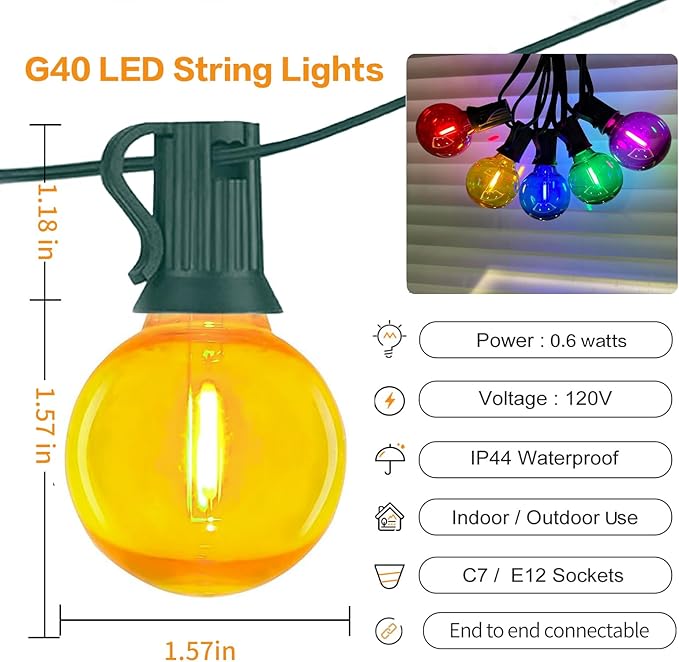 25FT Outdoor String Lights Connectable, Waterproof Multicolor LED Globe G40 Christmas Lights for Patio Xmas Tree Roof Holiday Party Decor