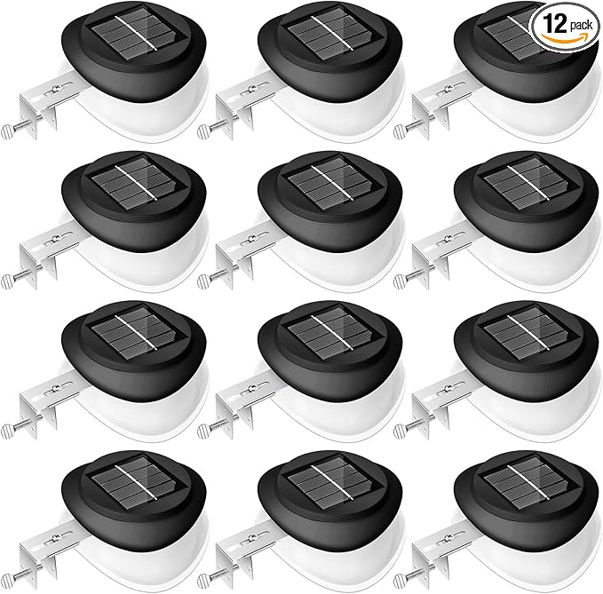 Yinder 12 Pieces Solar Gutter Lights Outdoor 9 LED Waterproof Gutter Solar Lighting Deck Fence Lamps White Lamps for Garden Backyard Pathway Roof Yard Utility Patio Wall (Black)