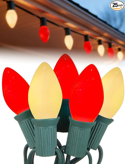 25Ft Red and White Christmas Lights,C7 Christmas String Lights with 27 Red White Ceramic Bulbs(2 Spare), Vintage Incandescent Xmas Lights for Outdoor Holiday Xmas Roofline Wedding Party