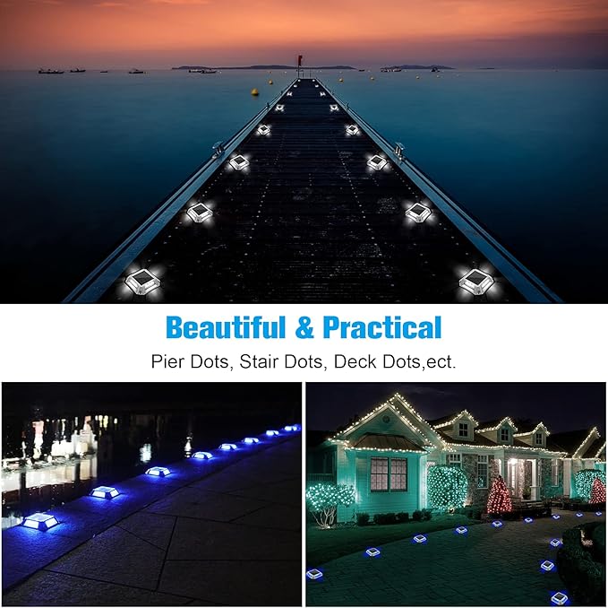 VOLISUN Solar Driveway Lights Dock Deck Lights 8-Pack,2 Colors in 1,Solar Powered 1200mAh Battery,Waterproof Outdoor Warning Step Light for Driveway Sidewalk(2 Colors Lighting,White/Blue)