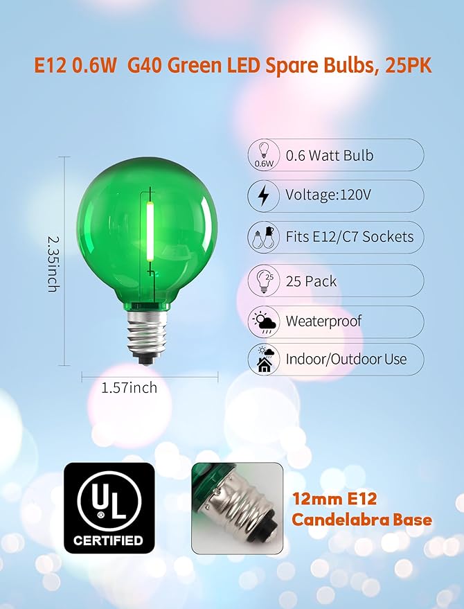 25 Pack Green G40 LED Bulbs, Commercial Grade E12 Base Replacement Bulbs for Outdoor Patio String Lights - 0.6W LED | Lumora