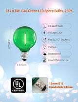 25 Pack Green G40 LED Bulbs, Commercial Grade E12 Base Replacement Bulbs for Outdoor Patio String Lights - 0.6W LED | Lumora