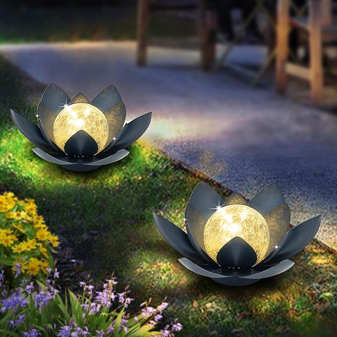 Huaxu Solar Lights Outdoor Garden Decor Crackle Glass Globe Lotus Flower Gray Metal Waterproof Light for Patio | Lumora