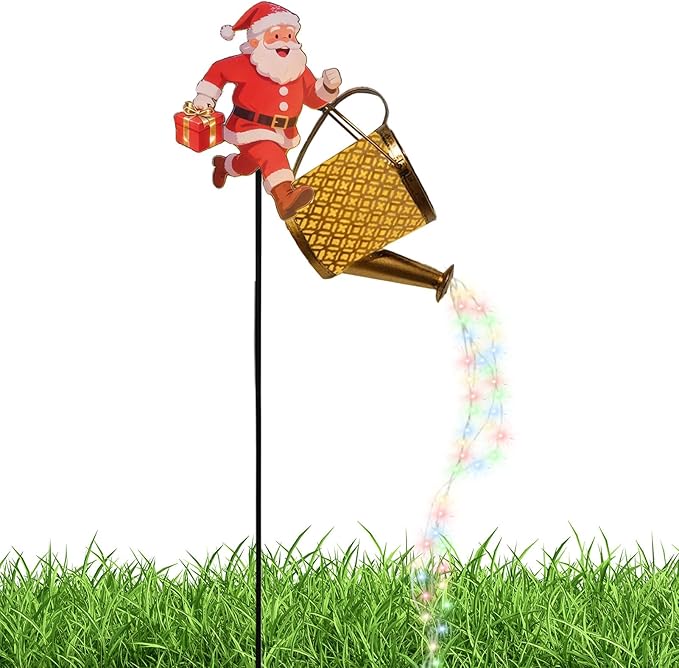 Christmas Santa Solar Kettle Lights, Waterproof Solar Watering Can with Cascading Lights, Garden Lawn Decorative Light, Hanging Metal Solars Santas Watering Can Led Light for Yard Pathway