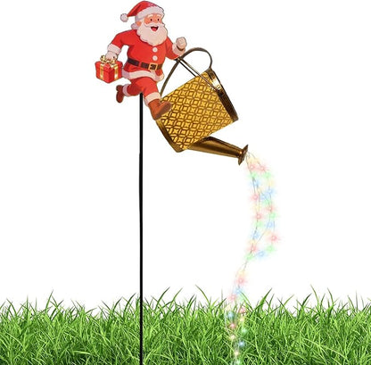 Christmas Santa Solar Kettle Lights, Waterproof Solar Watering Can with Cascading Lights, Garden Lawn Decorative Light, Hanging Metal Solars Santas Watering Can Led Light for Yard Pathway