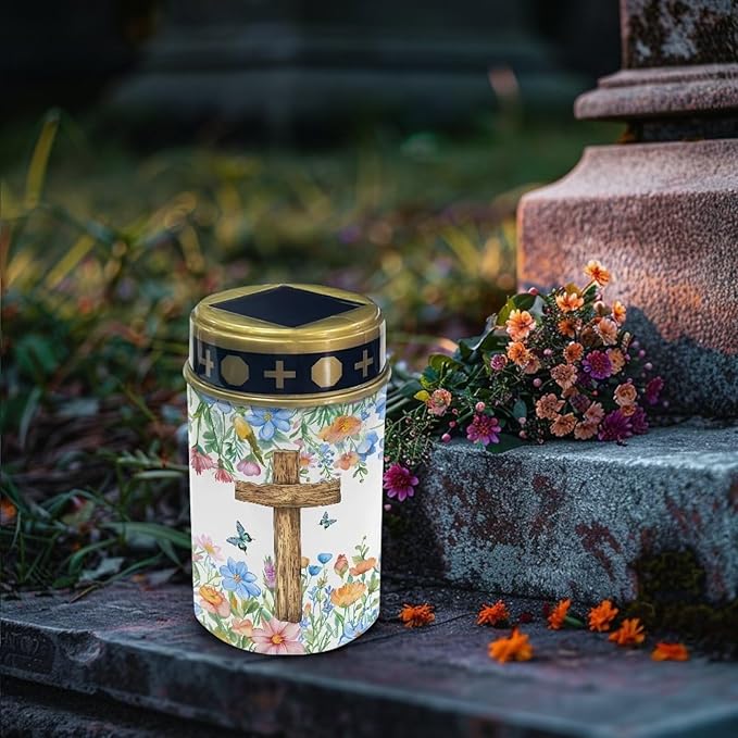 Poceacles Cross Solar Lights Solar Cemetery Lights Solar Grave Lights Outdoor Waterproof Decoration Pathway Lights Garden Solar Candle for Memorial Day Decor, Flower Butterfly Cross, Pack of 6