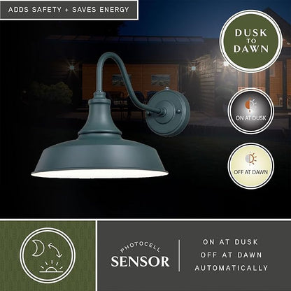 VAXCEL Dorado 11.5 in. H 1-Light Hunter Green and White Dusk to Dawn Sensor Farmhouse Outdoor Wall Sconce, Gooseneck Steel Shade, Dark Sky Compliant for Exterior Porch Patio Front Door or Garage