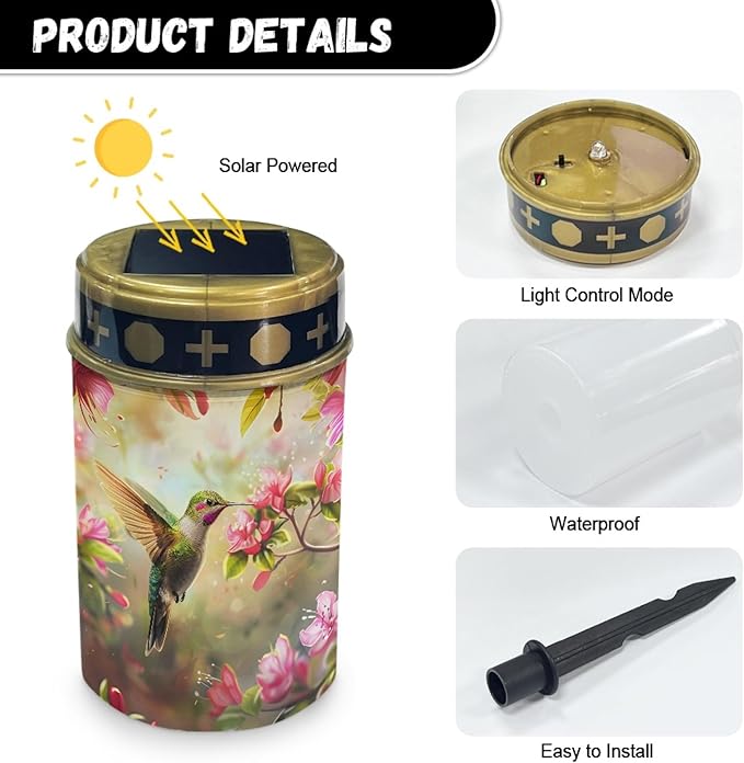 Hummingbird Pink Flower Cemetery Solar Lights for Grave ABS Material Solar Light Patio Decorations Garden Lamp | Lumora