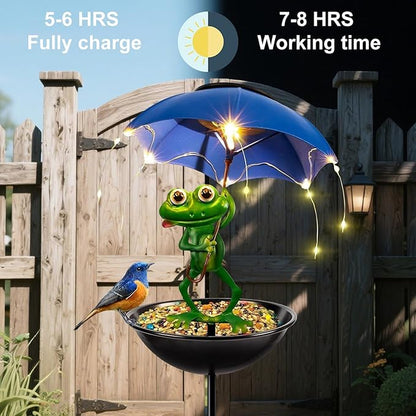Solar Bird Feeder Frog Garden Decor, Outdoor Solar-Lights Frog Figurine Lights with Umbrella, Hummingbird-Feeder Decorative Path Lights Gardening Gifts for Women, Yard Art Ornament Bird Feeder Blue
