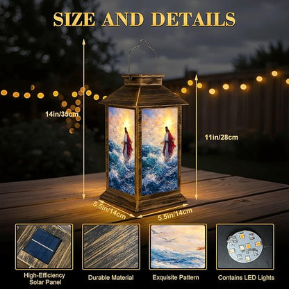 Solar Lantern Outdoor Waterproof Jesus Walks Water Christian Stories Walking Biblical Figure Waves Garden Decor LED Solar Lights Hanging/Tabletop Lamp Gifts for Women Mom for Outside Yard Patio