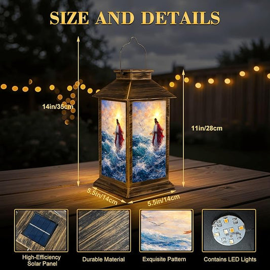 Solar Lantern Outdoor Waterproof Jesus Walks Water Christian Stories Walking Biblical Figure Waves Garden Decor LED Solar Lights Hanging/Tabletop Lamp Gifts for Women Mom for Outside Yard Patio