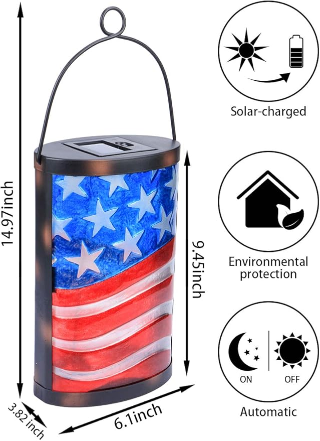 Hanging Solar Lantern Outdoor Decorative Waterproof LED Solar American Flag Lights Tabletop Lamp for Outdoor Patio | Lumora