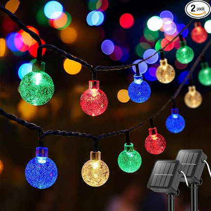 Metaku 2 Pack Solar String Lights for Outside, Total 72FT 120 LED Crystal Globe String Lights, Solar Powered Outdoor Lights with 8 Lighting Modes, Patio Light for Garden, Camping and Party Multicolor