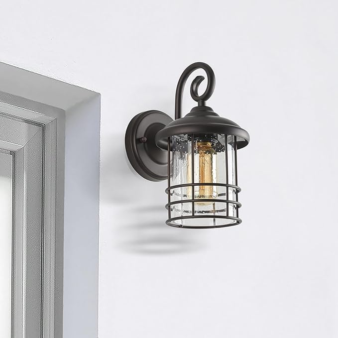 MICSIU 9.8" Oil Rubbed Bronze Outdoor Wall Sconce, Exterior Light Fixture with Round Seedy Glass Cylinder, 5.5" W Waterproof Outside Wall Mount Lantern for House, Porch, Garage, E26 Base