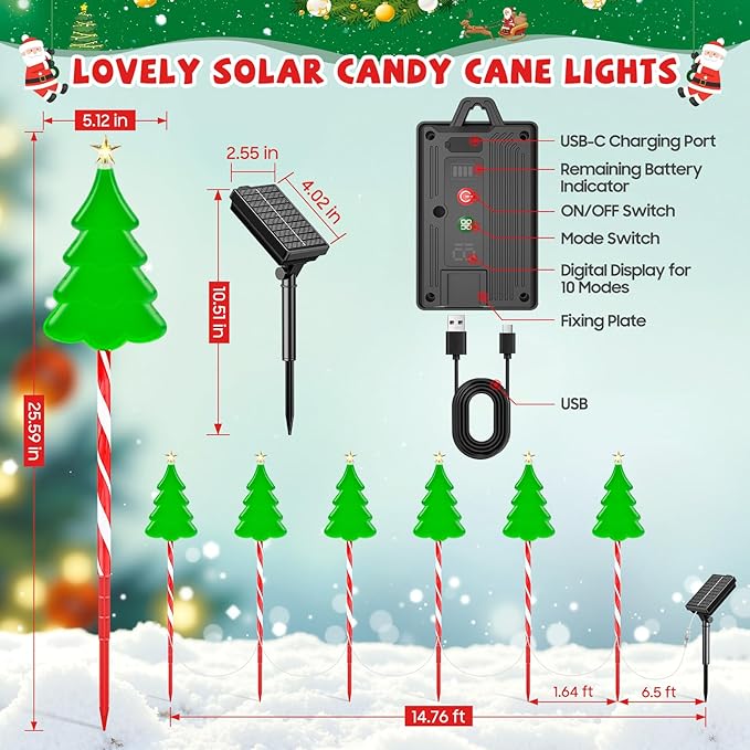 25" Larger Outdoor Christmas Decorations, 6 Pack Colorful Solar Candy Cane Christmas Tree Lights with 10 Lighting Modes and Bright 102 LED, Waterproof Solar Christmas Tree for Pathway Yard