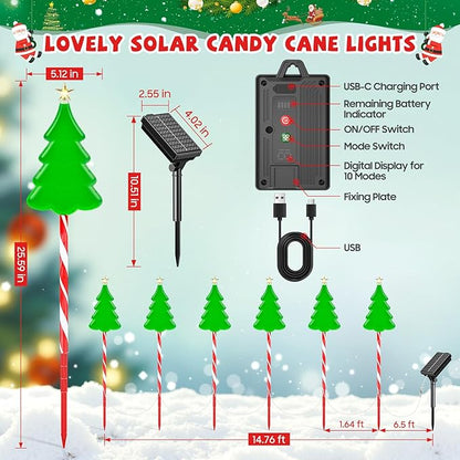 25" Larger Outdoor Christmas Decorations, 6 Pack Colorful Solar Candy Cane Christmas Tree Lights with 10 Lighting Modes and Bright 102 LED, Waterproof Solar Christmas Tree for Pathway Yard