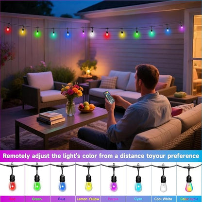 RGB Safety String Lights 100FT - Commercial Grade Low Voltage Strand with 40 S14 Shatterproof Bulbs for Tree Garden Yard bistro Cafe | RGB Party Lights & Outdoor Lights | IP65 Waterproof | UL Listed