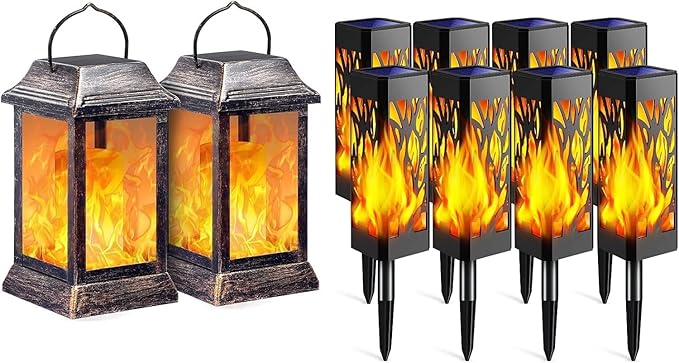 TomCare Solar Lights Metal Flickering Flame Solar Lantern with Pathway Lights