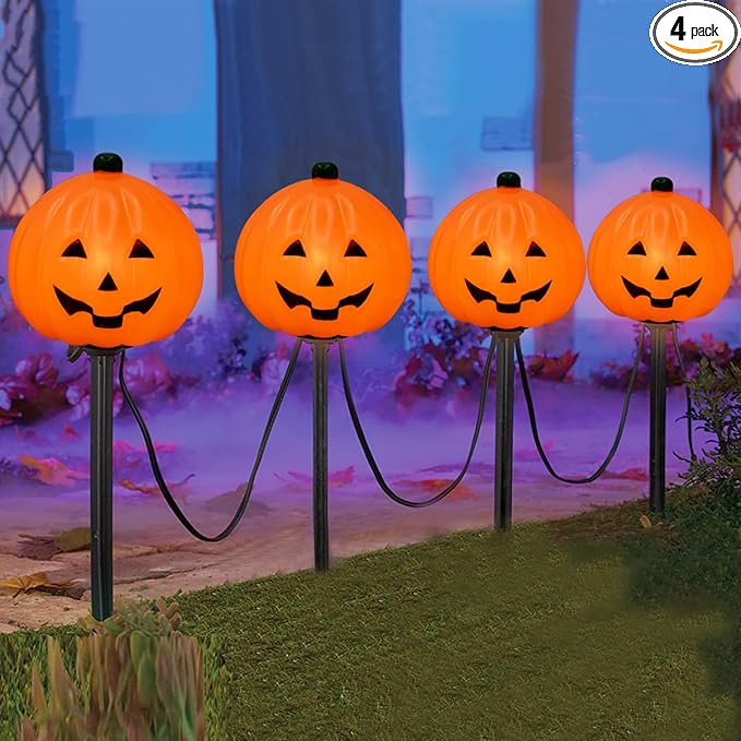 SUNSGNE Halloween Pathway Lights Outdoor, Set of 4 Halloween Pumpkin Stake Lights, Connectable Jack-O-Lantern Walkway Light for Holiday Garden Party Driveway Lawn Lighting Decor