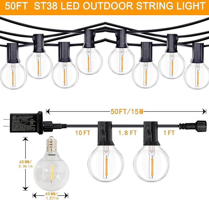 Outdoor LED String Lights with 50 Feet G40 Globe 26 Plastic Bulbs(1 Spare), Waterproof Hanging Light for Patio Backyard Porch Balcony Party Christmas Decoration