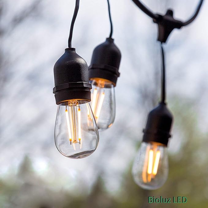 Bioluz LED Outdoor String Lights, 48' String Lights for Patio, Weatherproof with 15 Sockets with 16 Vintage LED Bulbs (1 Extra) for Porch Deck Bistro Garden Party UL Listed
