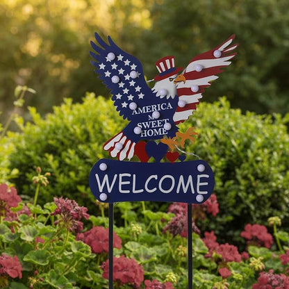 Solar Garden Lights Outdoor Patriotic Decor Eagle Garden Stakes with 17 String Light Bulbs and Welcome Sign for Yard, Fourth of July Decorations for Memorial Day Solar Landscape Lights 46"