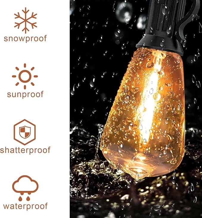 Outdoor String Lights ST38 50ft - LED Bulbs 25+1 Warm White 2700K, Waterproof and Shatterproof, Patio Garden Backyard Porch Party Christmas Vintage Outside Hanging