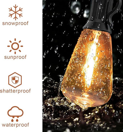 Outdoor String Lights ST38 50ft - LED Bulbs 25+1 Warm White 2700K, Waterproof and Shatterproof, Patio Garden Backyard Porch Party Christmas Vintage Outside Hanging