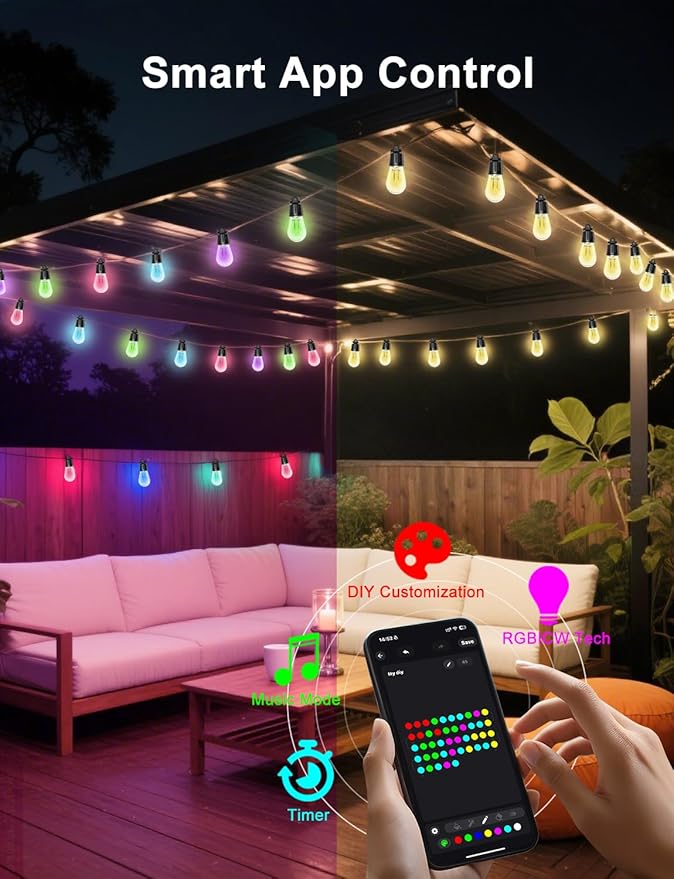 100ft String Lights for Outside, Smart RGB IC Warm White Patio Lights Outdoor Waterproof with Remote & App Control | Lumora
